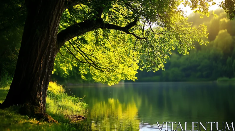 Tranquil Lakeside with Tree and Sunlight Tranquil Lakeside with Tree and Sunlight