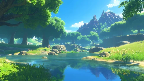 Tranquil Forest Scene with Water and Mountains