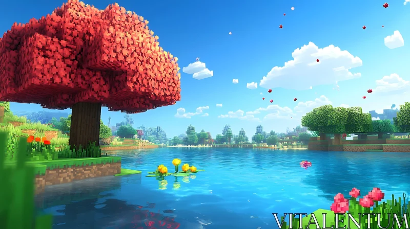 Pixelated Red Tree and Lake Scene