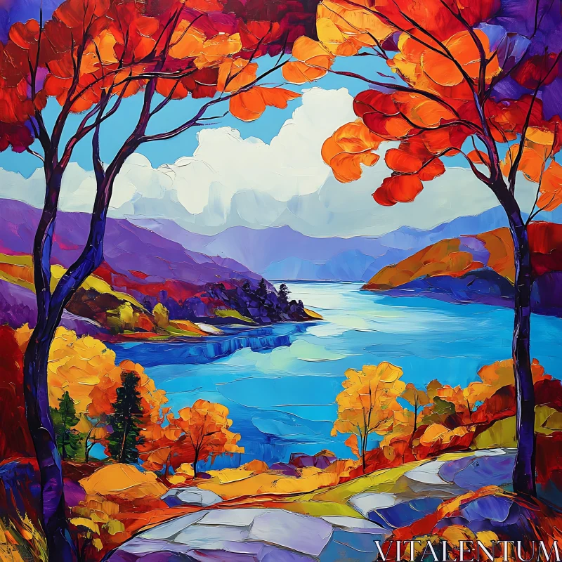 Colorful Fall Foliage and Tranquil Lake Art AI Image