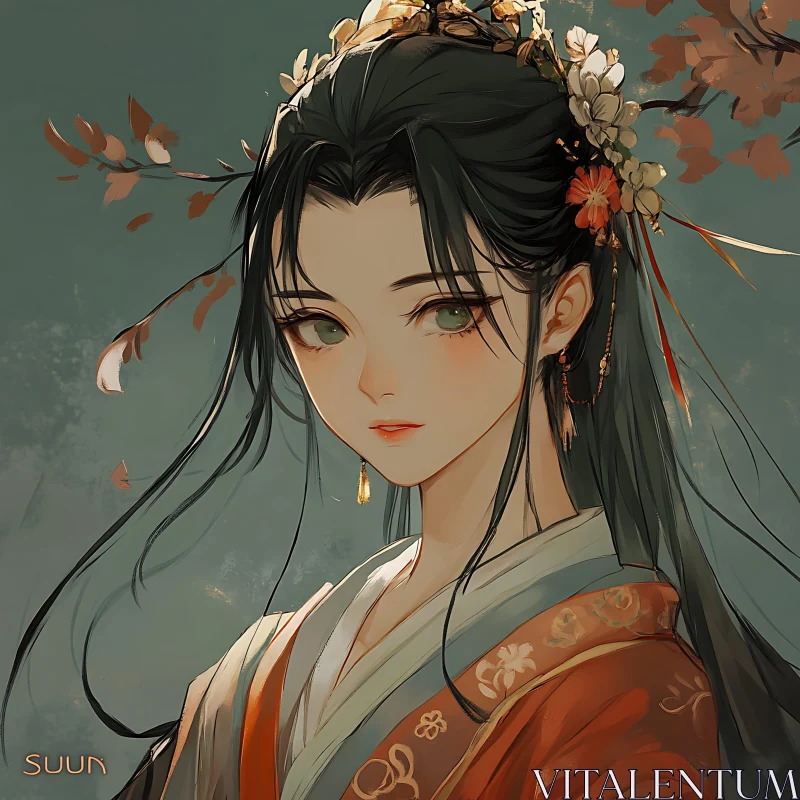 Serene Anime Girl with Traditional Attire Serene Anime Girl with Traditional Attire