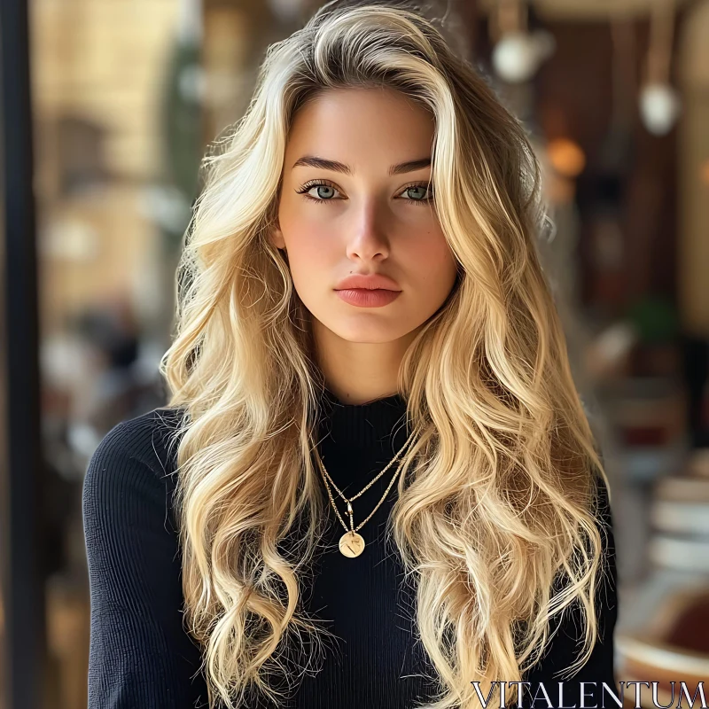 Portrait of a Blonde Woman with Black Top and Gold Necklace Portrait of a Blonde Woman with Black Top and Gold Necklace