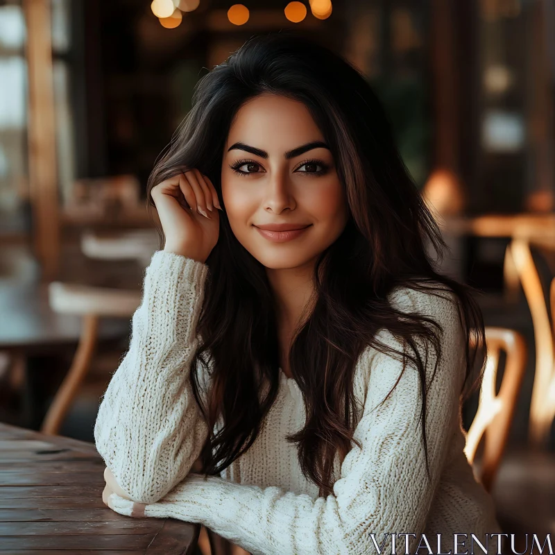 Woman in White Sweater at Café