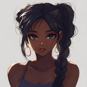 Anime Portrait of a Woman with Braided Hair and Hoop Earrings