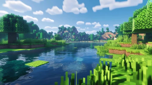 Pixelated Voxel Landscape of Minecraft's Nature