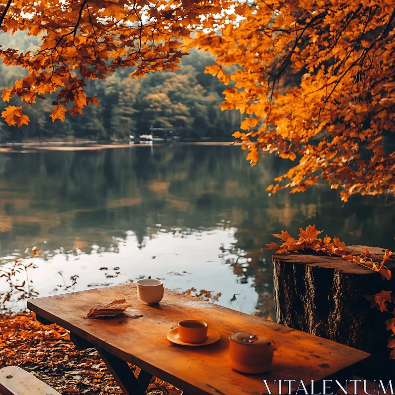 Serene Autumn Lakeside Scene with Tea