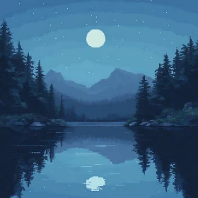 Tranquil Moonlit Lake in Pixel Art