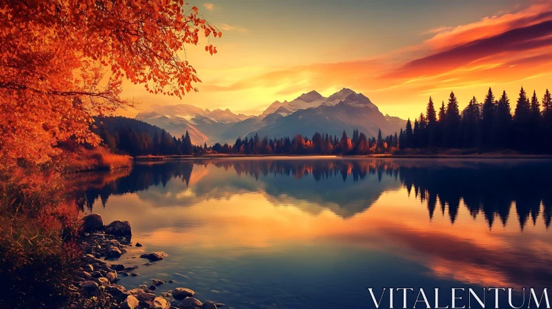 Autumn Lake Scene with Sunset and Mountains AI Image
