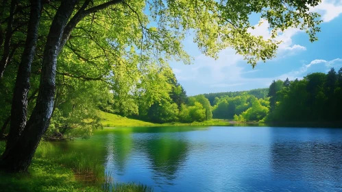 Peaceful Lake Amidst Verdant Forest and Blue Sky
