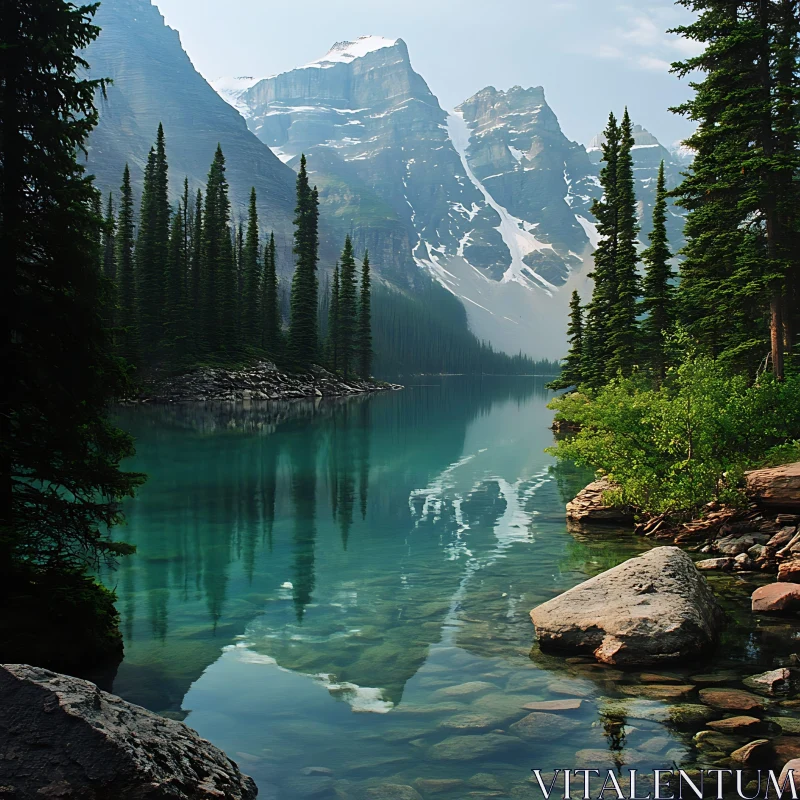 Tranquil Alpine Lake Scenery AI Image