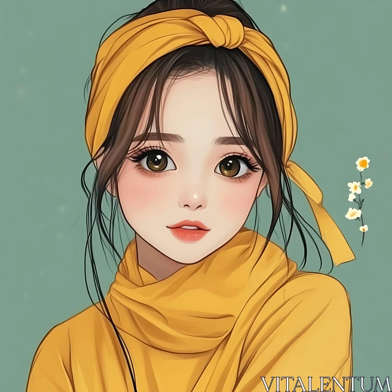 Digital Anime Girl | Large Eyes & Yellow Scarf AI Image