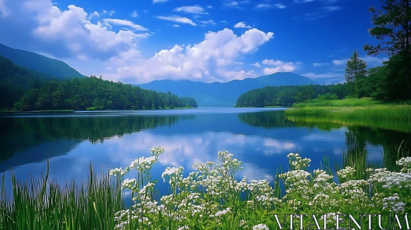 Mountain Lake Serenity with Floral Accents AI Image