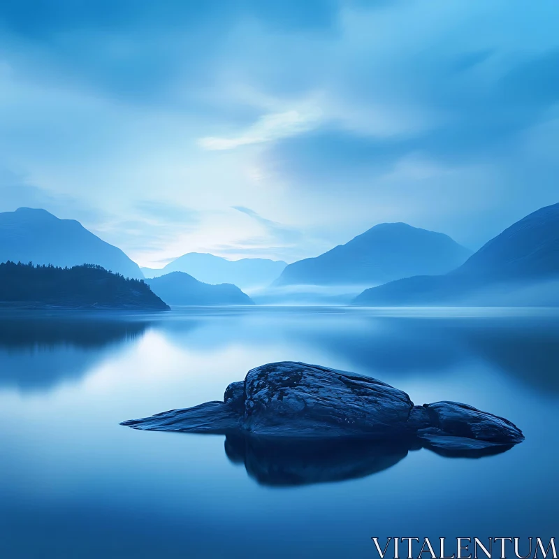 Tranquil Evening at a Misty Mountain Lake AI Image