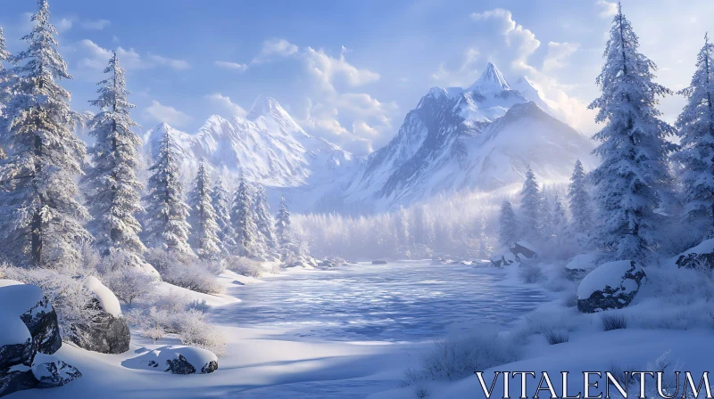 AI ART Serene Winter Wonderland with Majestic Mountains