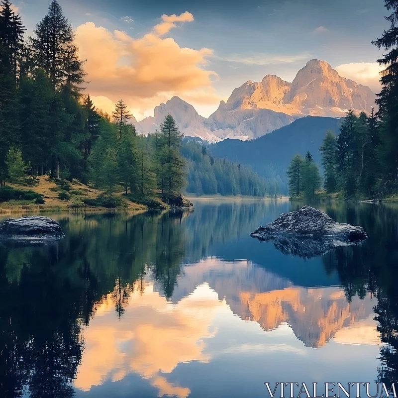 Tranquil Lake Scene with Majestic Mountains AI Image