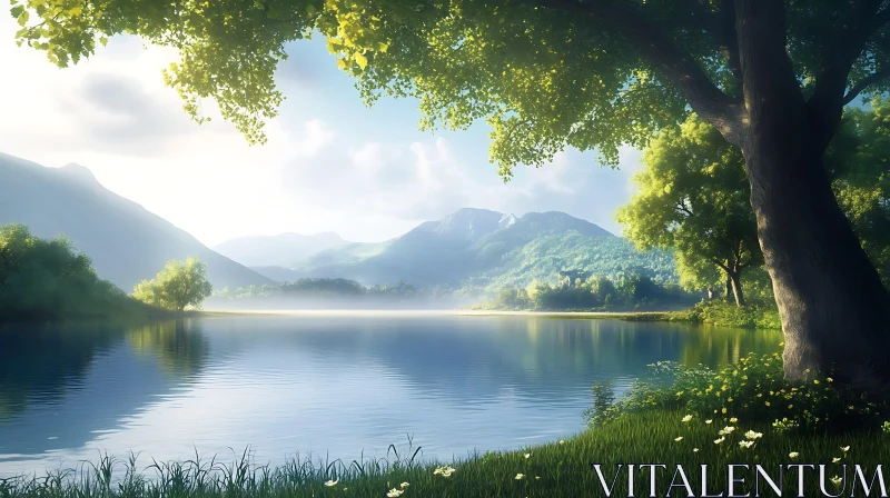 AI ART Tranquil Lake Scene with Nature's Beauty