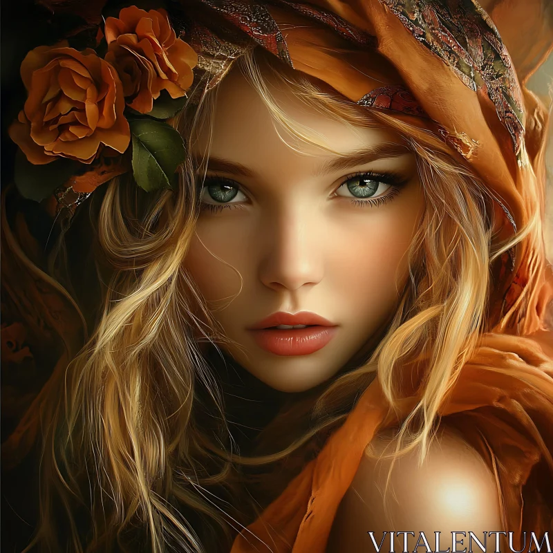 Autumnal Beauty: A Woman's Portrait with Orange Flowers AI Image