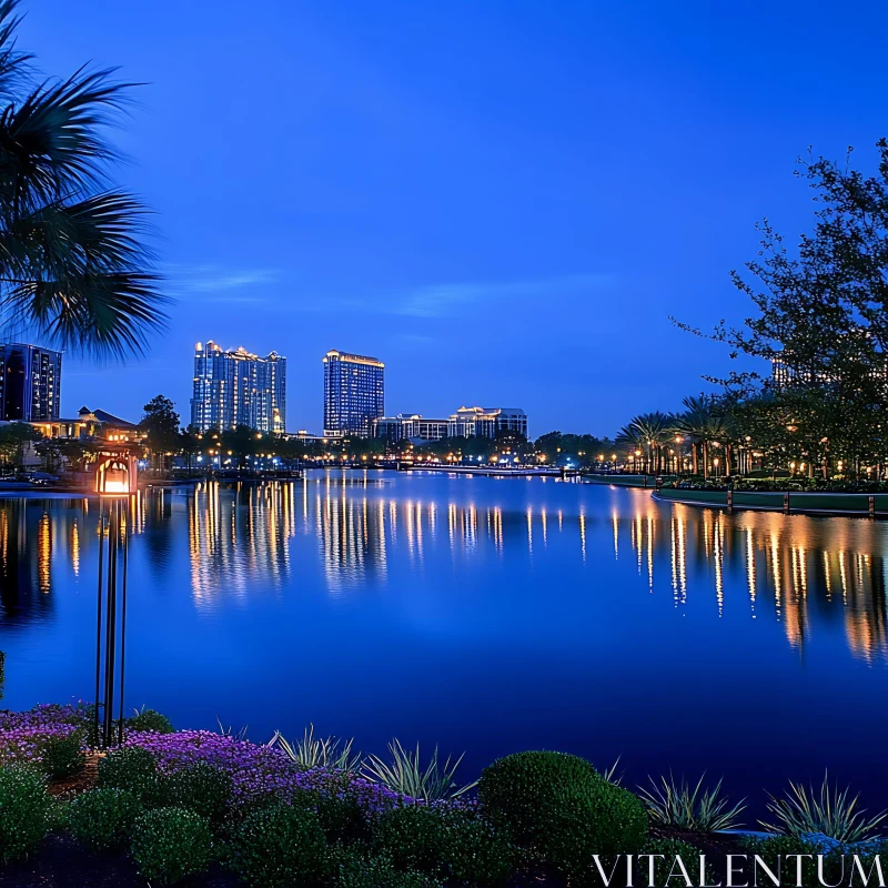 AI ART Urban Lakeside View at Night