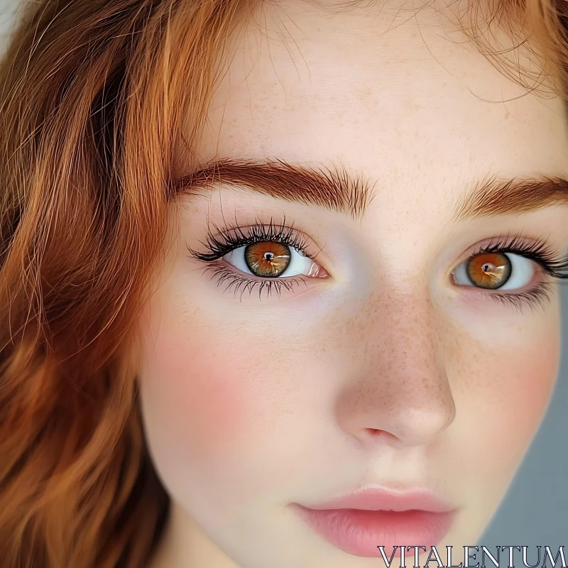 Stunning Close-Up of a Freckled Redhead's Face AI Image