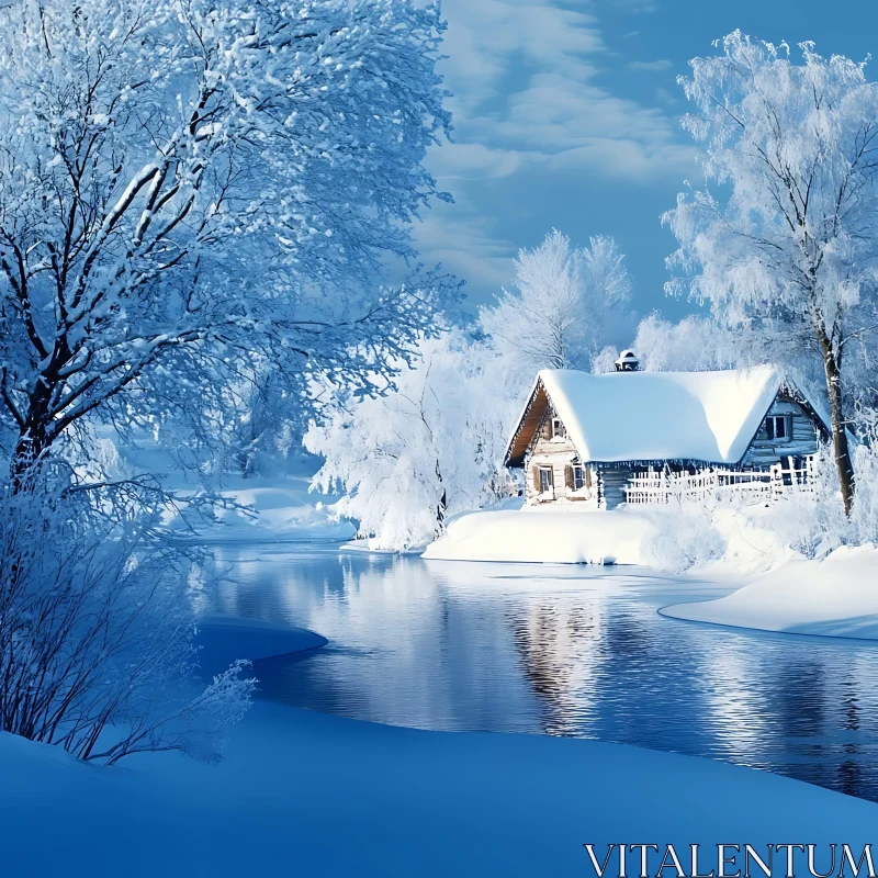 Peaceful Snowy Scene with Cabin by Riverside AI Image