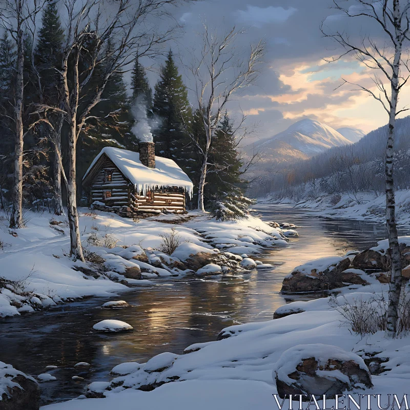 Tranquil Winter Scene by the River with Cozy Cabin AI Image