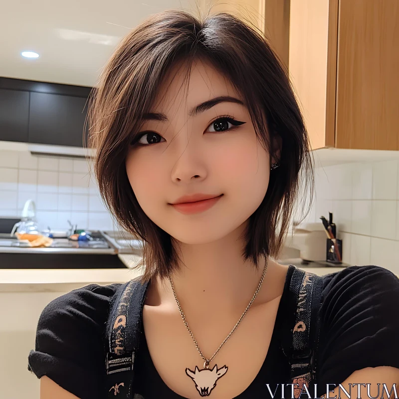 Smiling Woman in Trendy Kitchen AI Image