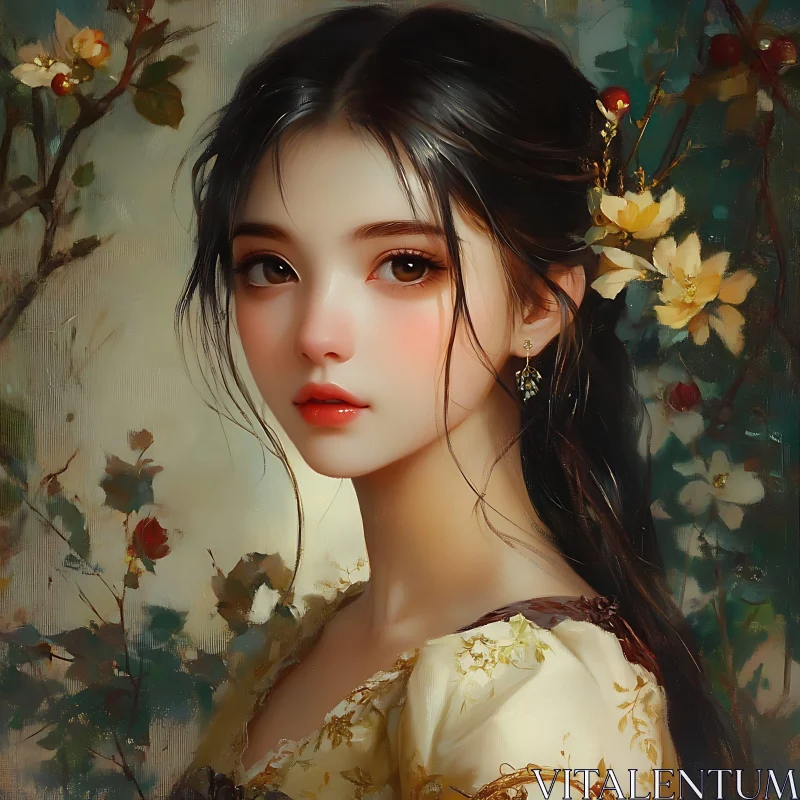 Delicate Painting of a Young Woman with Flowers AI Image