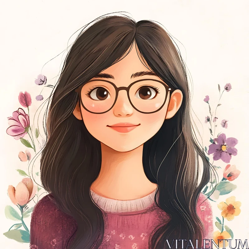 AI ART Smiling Woman with Glasses and Flower Accents