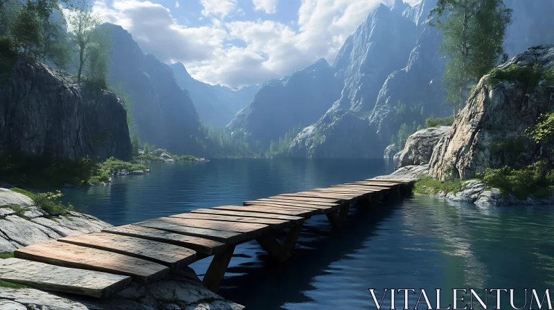 Peaceful Mountain Lake with Wooden Bridge AI Image