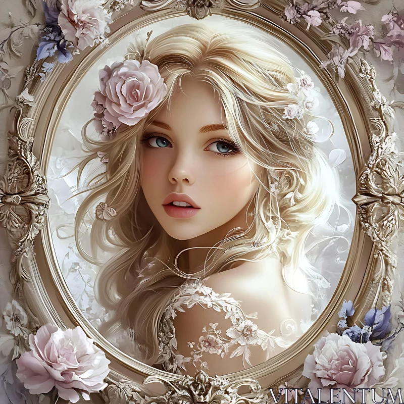 Graceful Floral Framed Blonde Woman AI Image