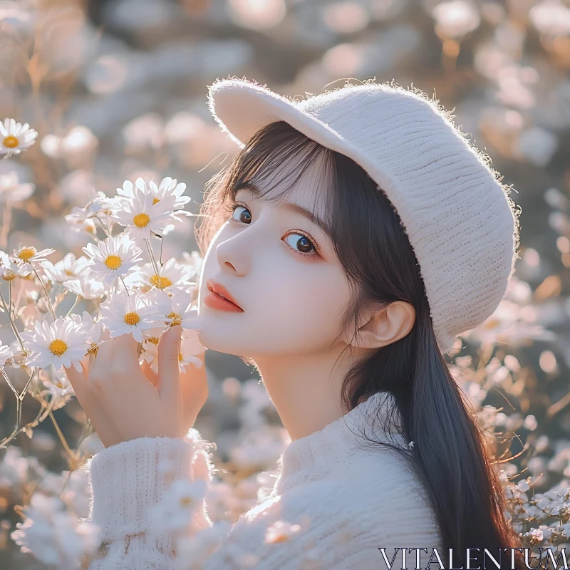 Serene Woman in White with Blooming Daisies AI Image