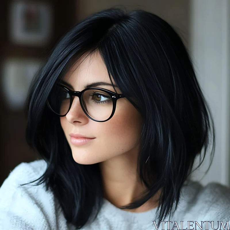 Modern Portrait of a Woman with Black Hair and Glasses AI Image