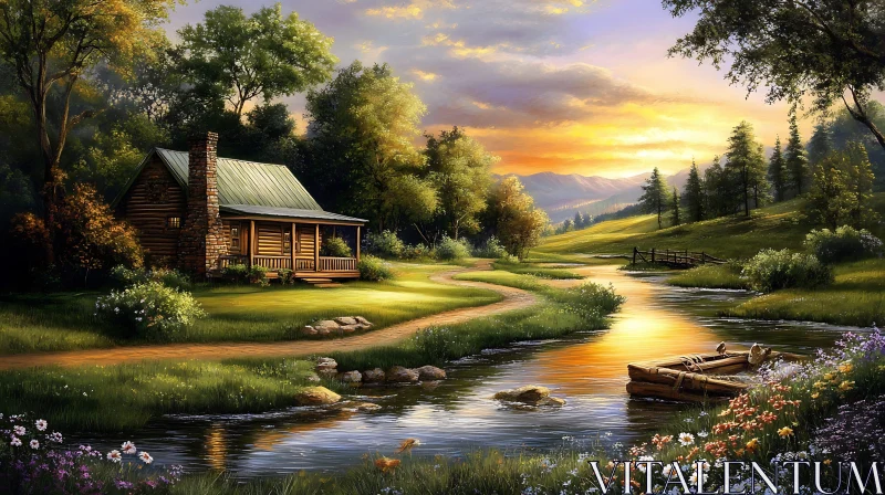 Tranquil Cabin at Sunset near Flowing Stream in Scenic Countryside AI Image