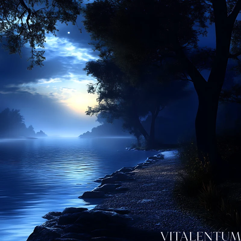 Nocturnal River Scene Lit by Moonlight AI Image