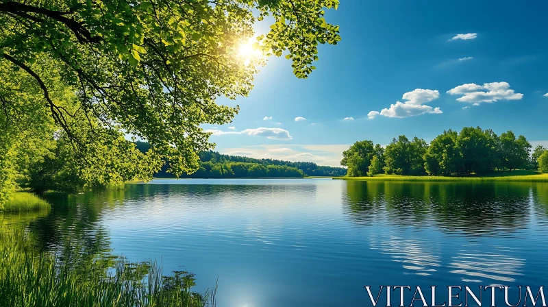 Sunlit Lake and Green Trees AI Image