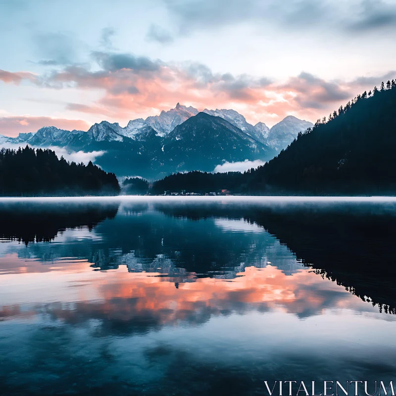 Mountain and Lake Sunset Reflection AI Image