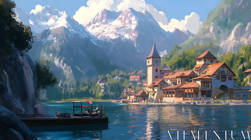 AI ART Charming Village beside a Tranquil Lake with Majestic Mountains