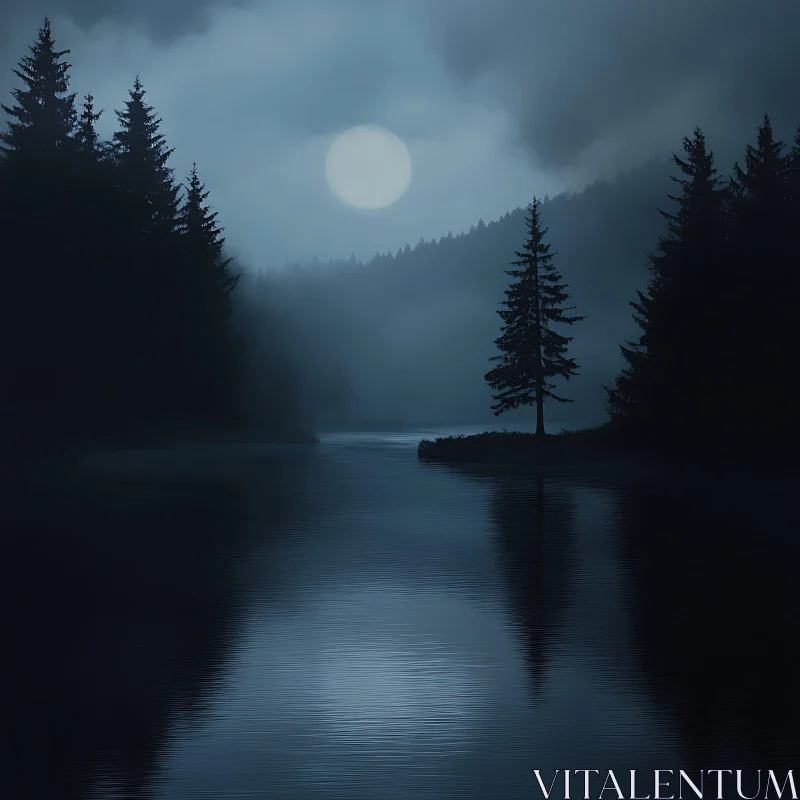 Nighttime Serene Forest River Scene AI Image