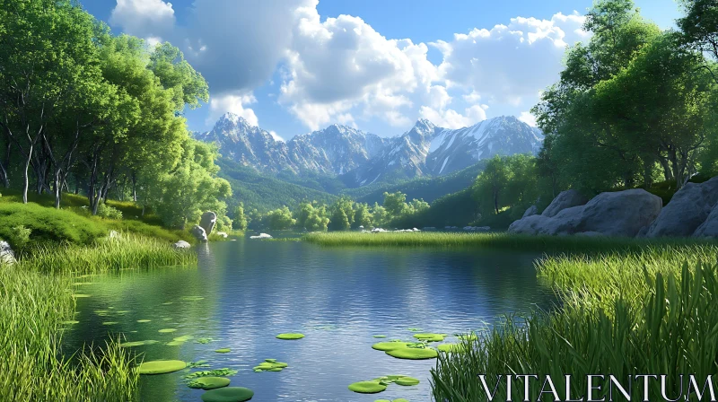 Tranquil Lake Amidst Verdant Landscape and Majestic Mountains AI Image