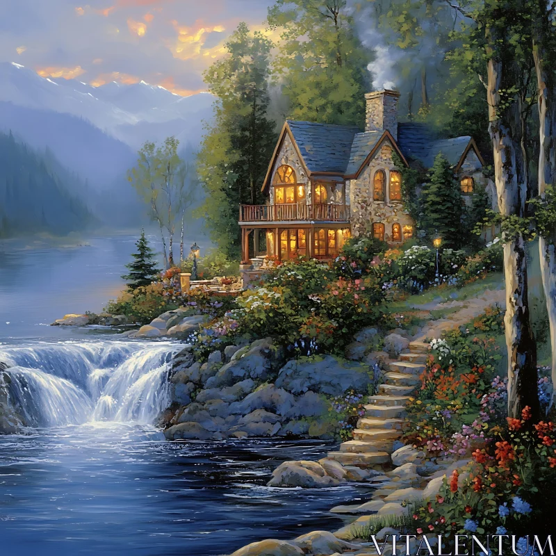 Enchanting Nature Retreat by Waterfall AI Image