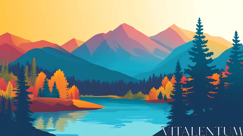 AI ART Autumn Forest Surrounding a Tranquil Lake with Majestic Mountain Views