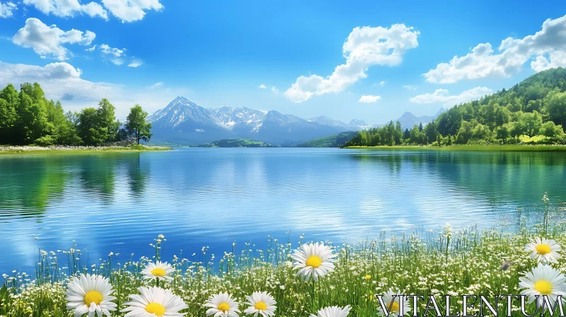 AI ART Peaceful Lake Scene with Flowers and Mountains