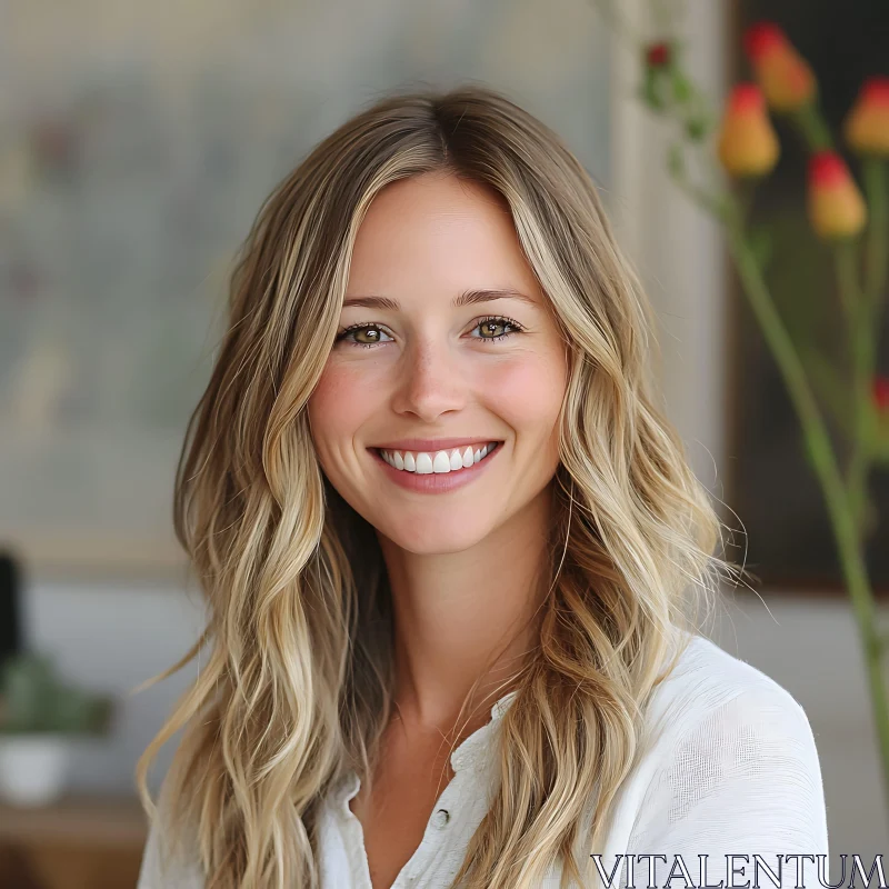 Cheerful Woman with Long Wavy Hair AI Image