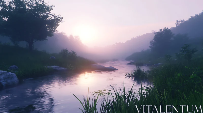 Misty Sunset along a Calm Forest Stream AI Image