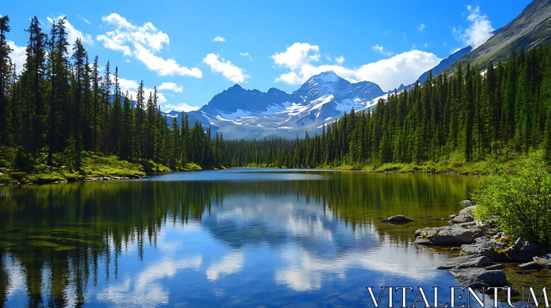 Serene Lake Reflecting Forest and Snowy Mountains AI Image