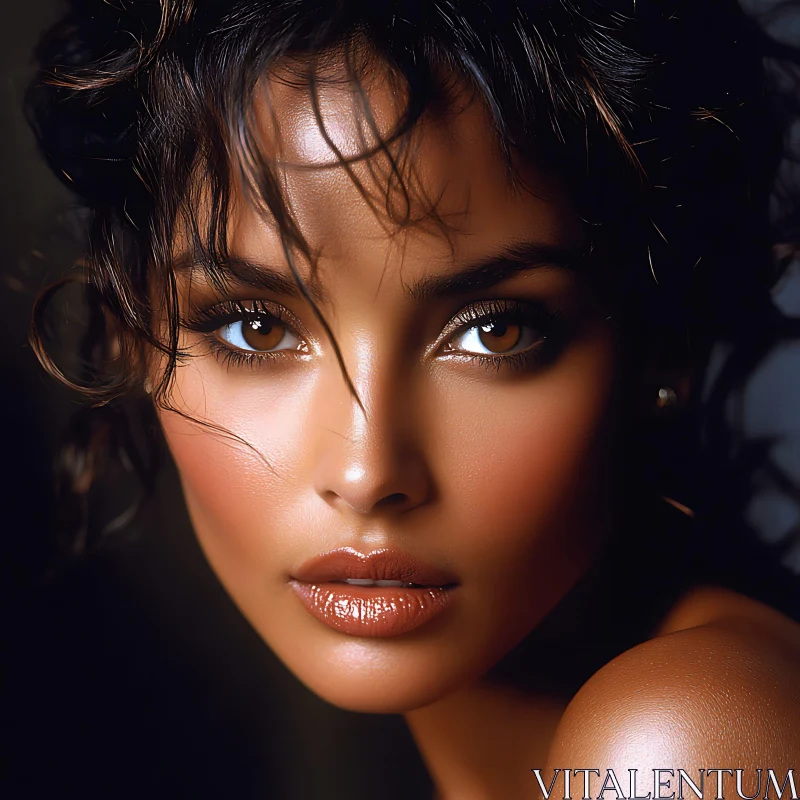 Woman Portrait with Expressive Eyes and Glossy Lips AI Image