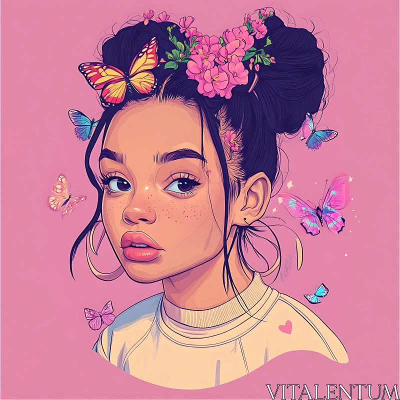 Anime Girl with Floral Bun and Butterflies AI Image