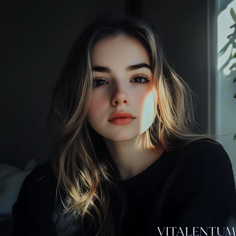 Portrait of a Young Woman in Soft Natural Light AI Image