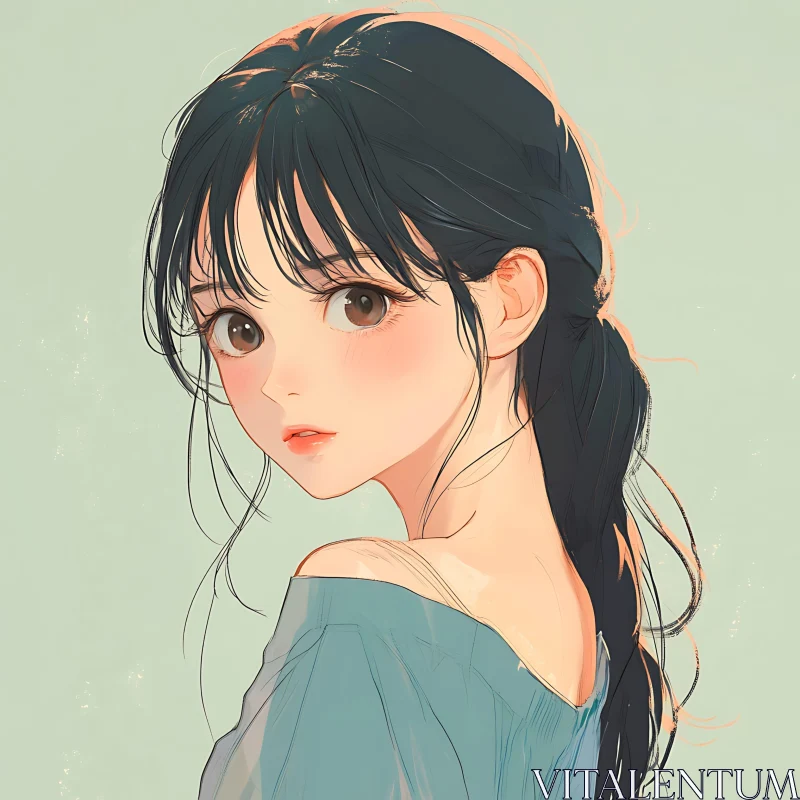 Serene Anime Illustration of a Girl with Dark Hair and Gentle Eyes AI Image