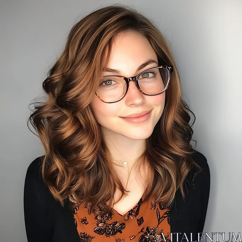 Smiling Woman Wearing Glasses and Floral Dress AI Image